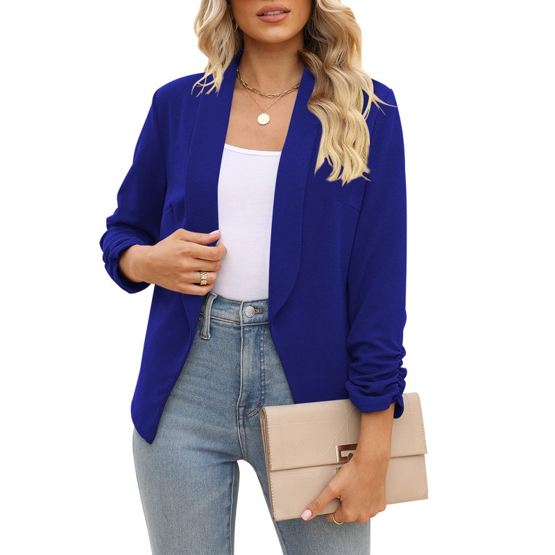 POGTMM MenXX-LargeWomen's Lightweight Summer Ruched Open Blazer - Various Styles (XXL, Dark Blue)'' } - Image 1